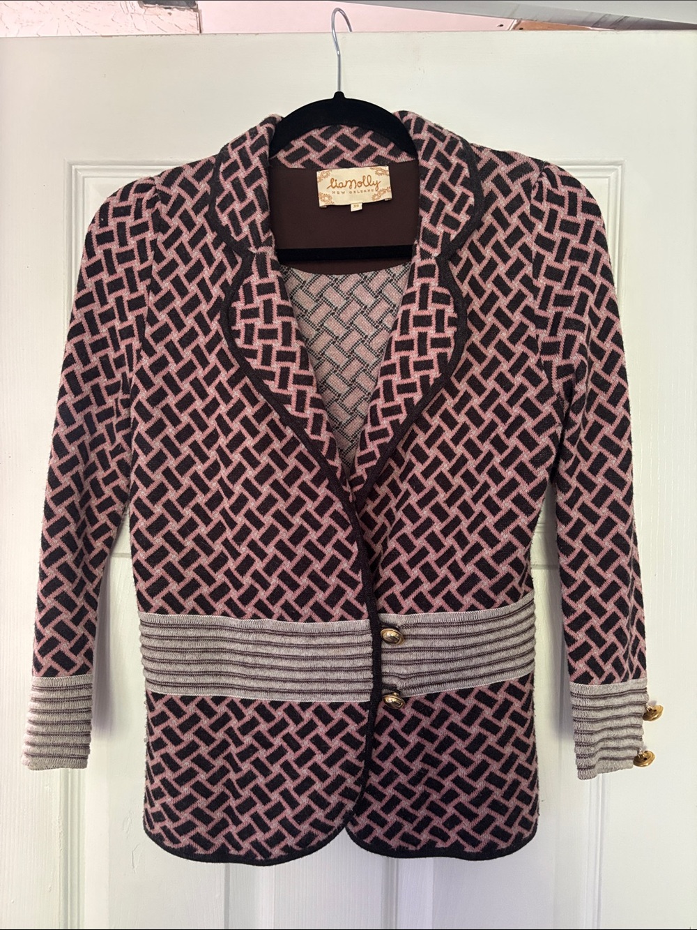 Anthropologie Pink and Black Patterned Knit Blazer with Striped Waistband